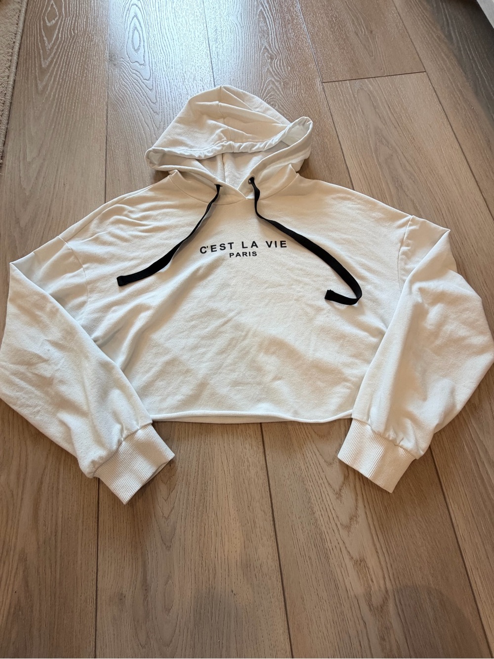 C'EST LA VIE Paris Cropped Hoodie Sweater - Cream